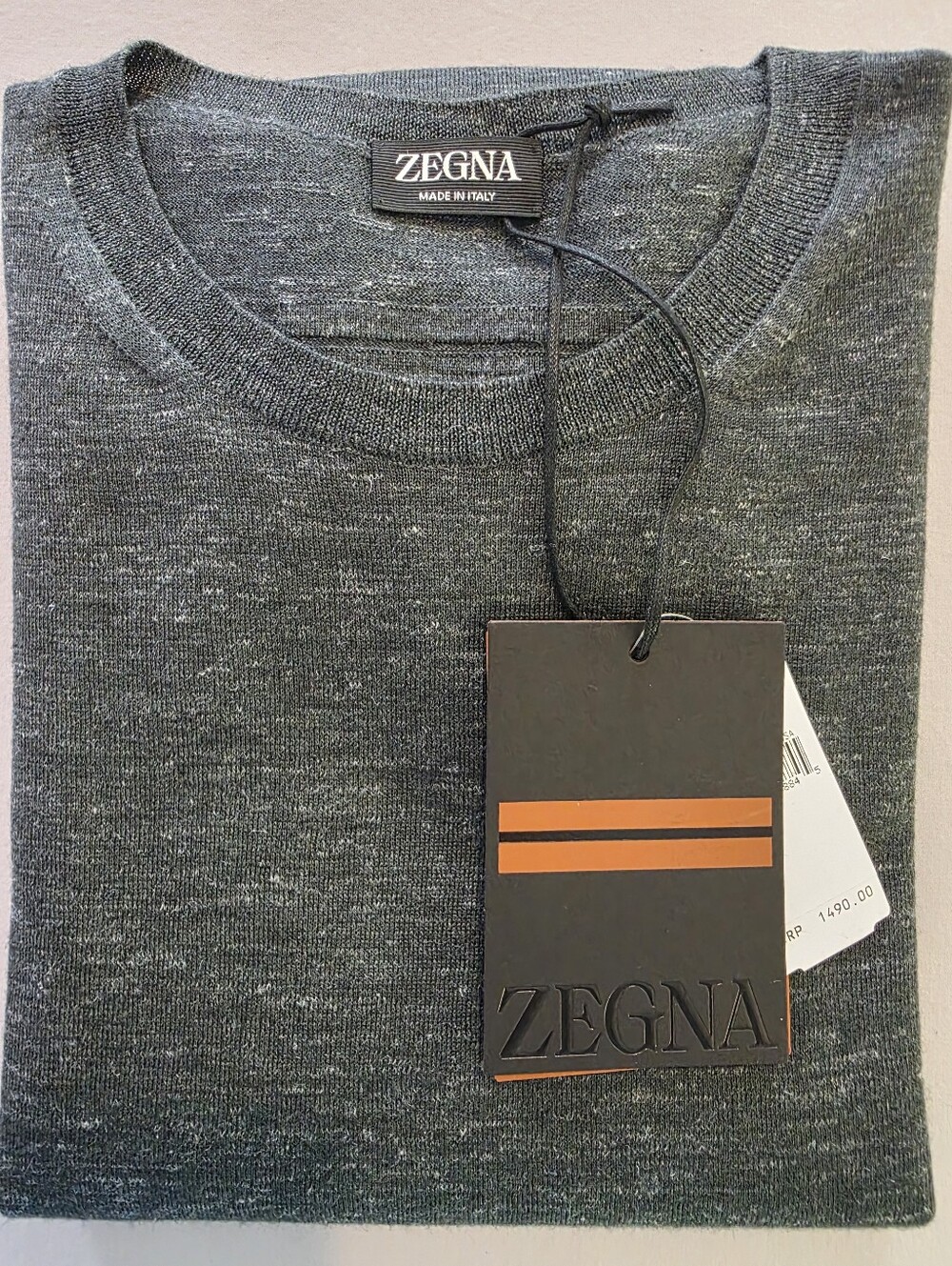 Dark Green/Gray Mélange Silk Cashmere and Linen Crewneck